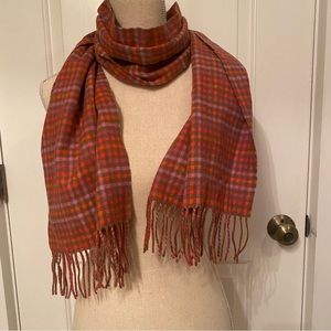 L.L. BEAN WOMENS SCARF GRAY RED PURPLE PLAID LAMBSWOOL LONG RECTANGLE FRINGE